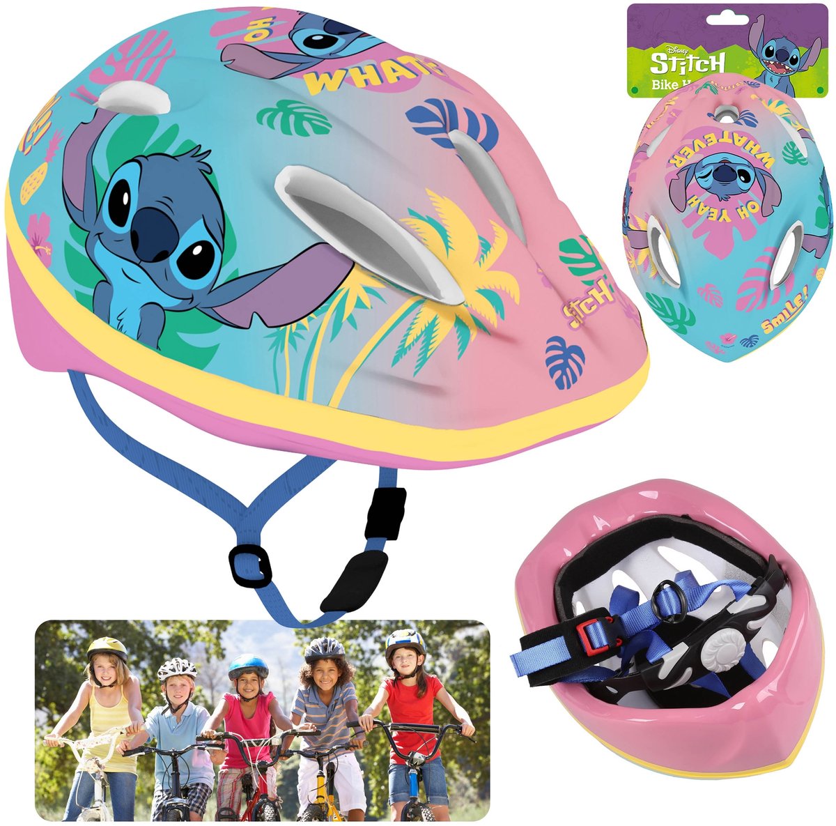 DISNEY Stitch Kleurrijke kinderfietshelm, meisjes, verstelbaar 52-56 cm