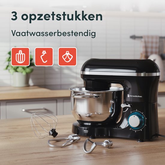 KitchenBrothers 2000W Keukenmachine - Keukenrobot - 6,2L - Mixer met Mengkom - Keukenmixer - Zwart