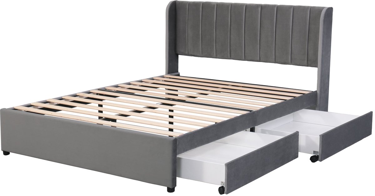 Merax Gestoffeerd Tweepersoonsbed 140x200 cm – Grijs Fluweel Gestoffeerd Bed met Houten Lattenbodem en 2 Opberglades