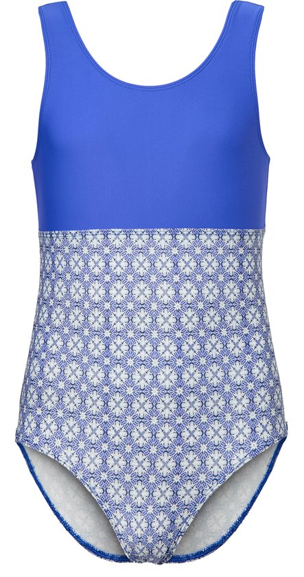 Maillot de bain bleu avec un imprimé graphique sur la taille et le dos.