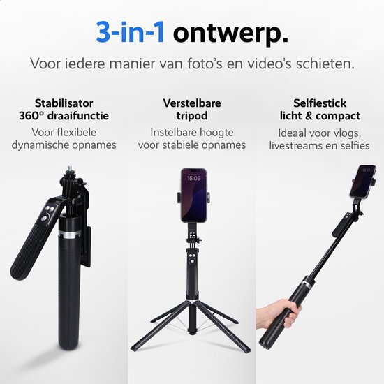 ATUMTEK Selfie Stick 140 cm, smartphone-statief met oplaadbare Bluetooth- afstandsbediening, uitschuifbare selfie-stick aluminium statief, compatibel met iPhone, Samsung en Android-telefoons (Wit