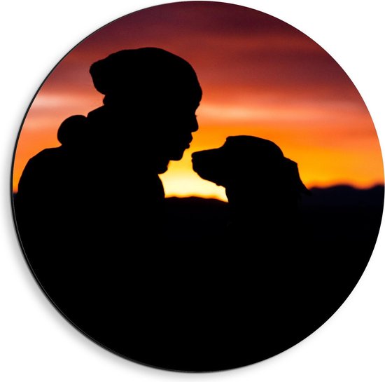 Dibond Wandcirkel - Silhouet van Personen met Hond - 40x40cm Foto op Aluminium Wandcirkel (met ophangsysteem)