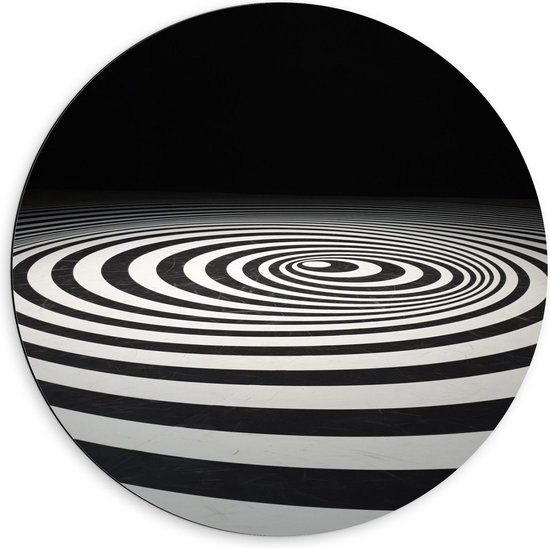 Dibond Wandcirkel - Zwart/Witte Cirkel op Vloer - 60x60cm Foto op Aluminium Wandcirkel (met ophangsysteem)