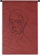 Wandkleed Line-art Vrouwengezicht - 15 - Line-art illustratie kortharige vrouw op een rode achtergrond Wandkleed katoen 60x90 cm - Wandtapijt met foto