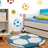 Fun Voetbal Kinderkamer Rond Vloerkleed Hoogpolig Turquoise Wit- 120 CM ROND.