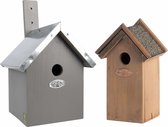 Voordeelset van 2x stuks houten vogelhuisjes/nestkastjes 31 x 18 cm/22 x 16 cm - Met puntdak in grijs en houtkleur