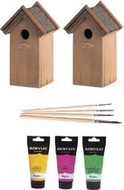 2x stuks houten vogelhuisjes/nestkastjes 22 cm - in het roze/geel/groen - Dhz schilderen pakket + 3x tubes verf en kwasten