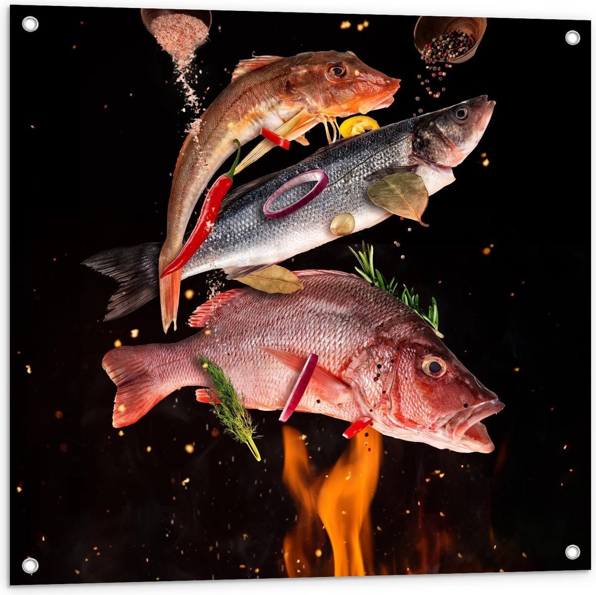 Tuinposter – Vissen met Specerijen op de BBQ - 80x80cm Foto op Tuinposter (wanddecoratie v