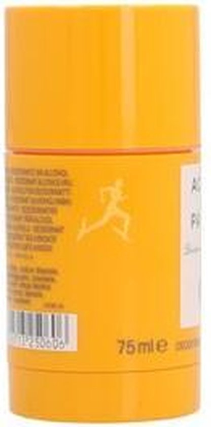 Zij-aanzicht van oranje Acqua Di Parma deodorantstick met "75 ml" en de tekst "DEODORANTE SENZA ALCOOL". Rechts de figuur van een renner.