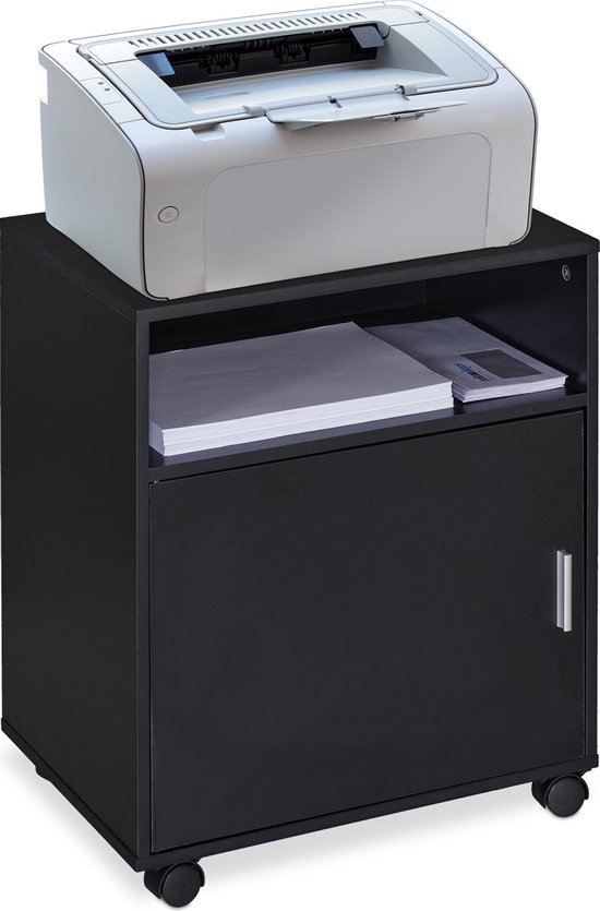 Relaxdays Bureau kast op wielen - kantoorkast 3 vakken - printerkast verrijdbaar - zwart