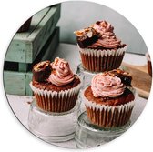 Dibond Wandcirkel - Roze Cupcakes met Chocola - 60x60cm Foto op Aluminium Wandcirkel (met ophangsysteem)