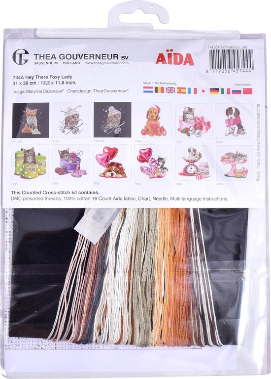 Thea Gouverneur - Kit point de croix avec grille - 744.05 - Fils DMC pré-triés - Hey There Foxy Lady - Black Aida - 31 cm x 30 cm - Kit DIY