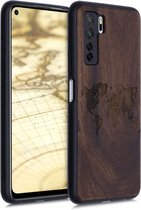 kwmobile telefoonhoesje compatibel met Huawei P40 Lite 5G - Hoesje met bumper in donkerbruin - walnoothout - Wereldkaart design