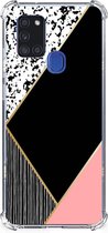 Smartphone hoesje Geschikt voor Samsung Galaxy A21s TPU Silicone Hoesje met transparante rand Black Pink Shapes