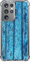 Shockproof Case Samsung Galaxy S21 Ultra Telefoonhoesje  met doorzichtige rand Wood Blue