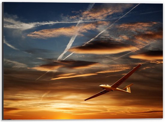 Dibond - Vliegtuig in Gouden Lucht - 40x30cm Foto op Aluminium (Met Ophangsysteem)