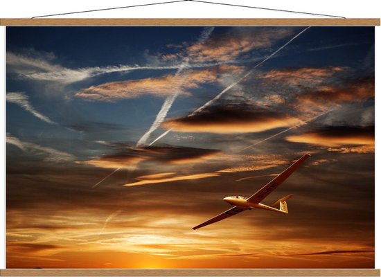 Schoolplaat – Vliegtuig in Gouden Lucht - 120x80cm Foto op Textielposter (Wanddecoratie op Schoolplaat)