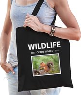 Dieren Eekhoorn foto tas katoen volw + kind zwart - wildlife of the world - kado boodschappentas/ gymtas / sporttas - Eekhoorns
