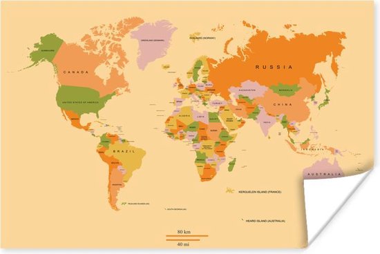 Kleurrijke wereldkaart op een lichtgroene achtergrond Poster | Wereldkaart Poster 180x120 cm