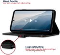 Zwarte telefoonhoes in standfunctie, met video weergave en magnetische sluiting.