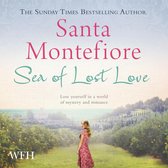 Boekcover met tekst 'Santa Montefiore Sea of Lost Love' en een vrouw in een rode jurk in een landschap.