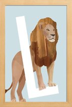 JUNIQE - Poster met houten lijst L Lion -13x18 /Blauw & Bruin