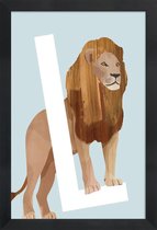 JUNIQE - Poster met houten lijst L Lion -13x18 /Blauw & Bruin