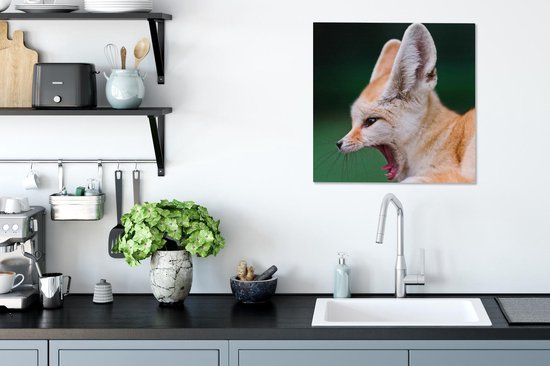 Zijaanzicht van een gapende woestijnvos Canvas 50x50 cm - Foto print op Canvas schilderij (Wanddecoratie woonkamer / slaapkamer) / Wilde dieren Canvas Schilderijen