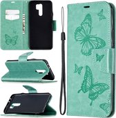 Voor xiaomi redmi 9 twee vlinders reliÃ«fpatroon horizontale flip lederen case met houder & kaartsleuf & portemonnee & lanyard (groen)