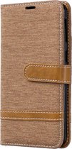 Kleurafstemming Denim Texture Leather Case voor Galaxy A40, met houder & kaartsleuven & portemonnee & lanyard (bruin)