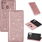 Voor Samsung Galaxy A21 ultradunne glitter magnetische horizontale flip lederen tas met houder en kaartsleuven (rose goud)