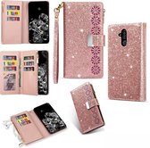 Voor Huawei Mate 20 lite Multi-kaartsleuven Sterrenhemel Lasergravure Glitter Rits Horizontale Flip Leren Case met Houder & Portemonnee & Lanyard (Rose Goud)