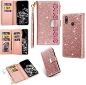 Voor Samsung Galaxy A40 Multi-kaartsleuven Sterrenhemel Lasergravure Glitter Rits Horizontale Flip Leren Case met Houder & Portemonnee & Lanyard (Rose Goud)