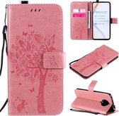 Voor Xiaomi Redmi K30 Pro Tree & Cat reliÃ«fpatroon Horizontale flip lederen tas met houder & kaartsleuven & portemonnee & lanyard (roze)