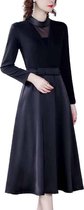 Retro stiksels A-lijn rok met lange mouwen nep tweedelige jurk (kleur: zwart maat: L)-Zwart