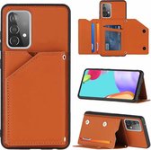 Voor Samsung Galaxy A52 5G Skin Feel PU + TPU + PC Achterkant Schokbestendig hoesje met kaartsleuven & houder & fotolijst (bruin)