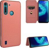 Voor Motorola Moto G8 Power Lite Koolstofvezel Textuur Magnetische Horizontale Flip TPU + PC + PU Lederen Case met Touw & Kaartsleuf (Bruin)