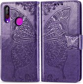 Butterfly Love Flowers reliÃ«f horizontaal flip lederen hoesje voor LG W30 met houder & kaartsleuven & portemonnee & lanyard (donkerpaars)