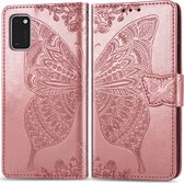 Samsung Galaxy A41 Hoesje - Mobigear - Butterfly Serie - Kunstlederen Bookcase - Roségoud - Hoesje Geschikt Voor Samsung Galaxy A41