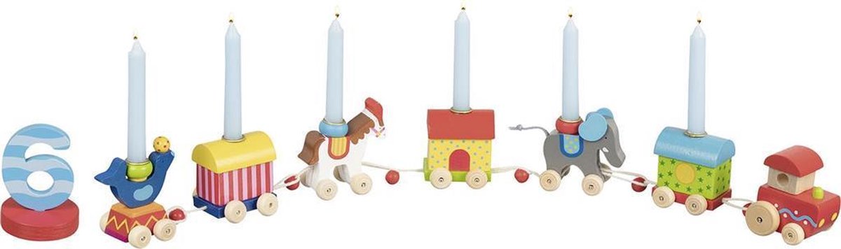 Happy Birthday trein: CIRCUSWERELD, met verwisselbare cijfers 1-6, hout