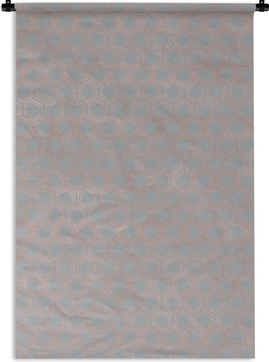 Wandkleed Luxe patroon - Luxe patroon van roségouden zeshoeken op een blauwe achtergrond Wandkleed katoen 120x180 cm - Wandtapijt met foto XXL / Groot formaat!