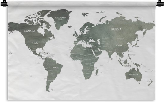 Wandkleed WereldkaartenKerst illustraties - Wereldkaart met grijze waterverf en de namen van landen op een witte achtergrond Wandkleed katoen 120x80 cm - Wandtapijt met foto