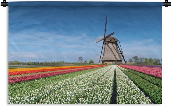 Tenture murale Paysages Nederland - Moulin à vent entre les tulipes aux Nederland Tapisserie coton 60x40 cm - Tapisserie murale avec photo