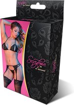 Peek-a-Boo Bra, Garter & G-Set - Black - L/X - Lingerie For Her - 3 pcs Set