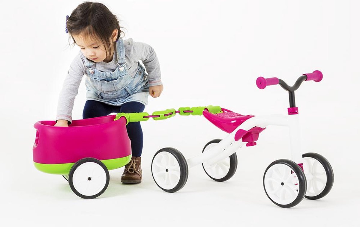 Chillafish Quadie+Trailie vierwieler met aanhanger voor kinderen van 1-3 jaar, verstelbare zithoogte, opbergruimte in het zitje, wielen zijn geluidloos en maken geen krassen, met leuke stickers, Roze