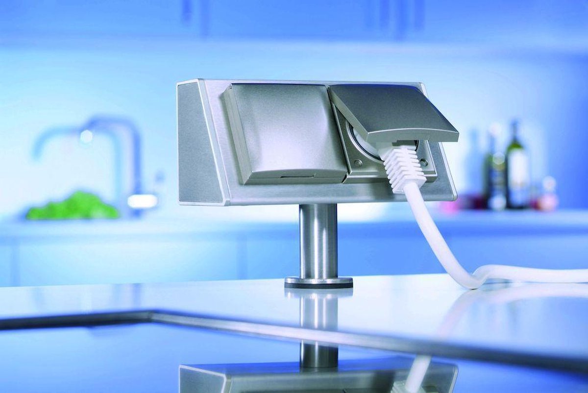 Thebo Satelliet dubbele opbouw contactdoos/stopcontact met klapdeksels.Inox