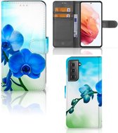 Telefoonhoesje Geschikt voor Samsung Galaxy S21 Wallet Book Case met foto Orchidee Blauw Valentijn Cadeautje Vrouw