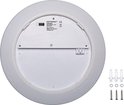 Onderkant van een witte, ronde plafondlamp met merk- en technische details. Inclusief schroeven en pluggen.