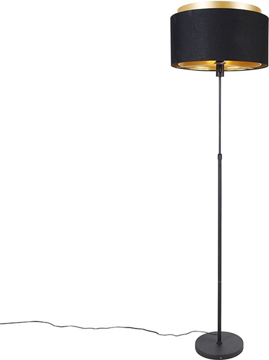 QAZQA shade-duo - Moderne Vloerlamp | Staande Lamp met kap - 1 lichts - H 176 cm - Zwart Goud - Woonkamer | Slaapkamer | Keuken