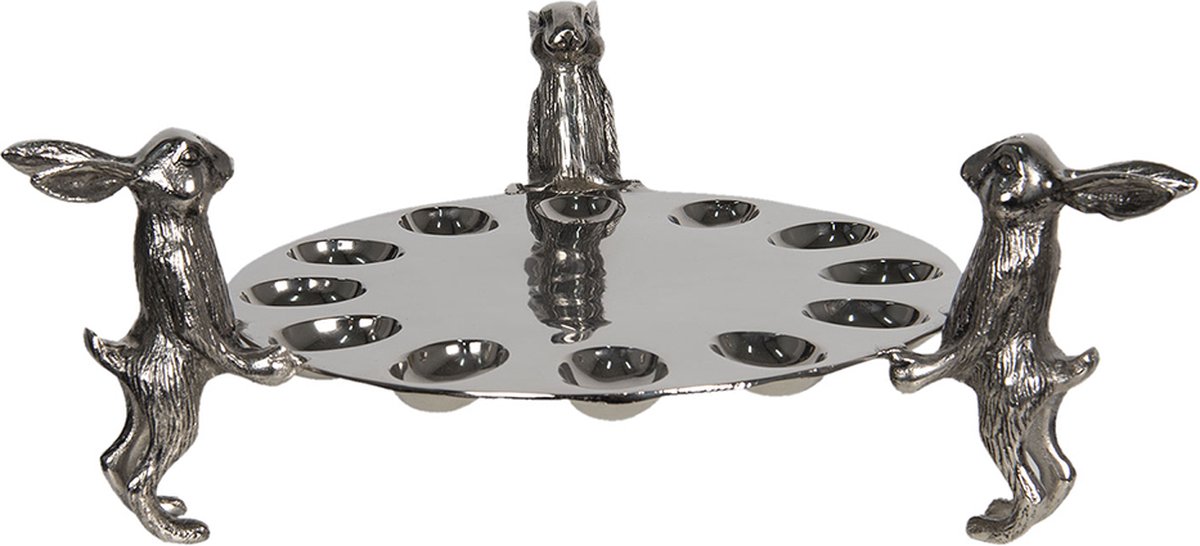 Clayre & Eef Eierschaal Ø 38*15 cm Zilverkleurig Aluminium Hazen Eierdopje Eierhouder